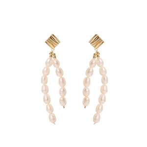 Elegant gold drop earrings with textured squares and dangling white freshwater pearls