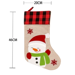 Christmas stocking with snowman pattern and red plaid cuff, dimensions 46x20 cm