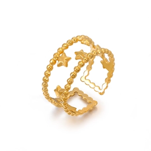 18K gold plated double layer open ring featuring stars and wavy frame design