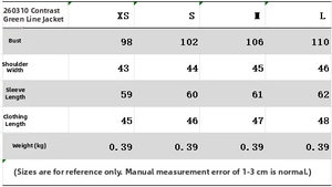 Size guide for contrast stitch jacket and flared pants set with detailed measurements