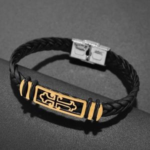 Men's black braided leather bracelet with golden cross charm and silver metal clasp