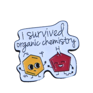 Metal enamel pin with 'I survived organic chemistry' text and cute chemical molecules