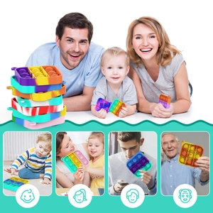 Family playing with a colorful square silicone push pop fidget toy for stress relief