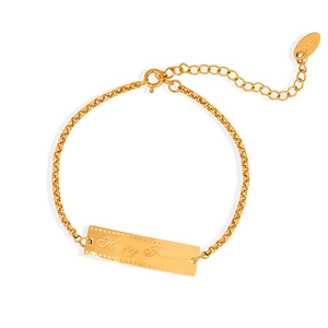 18K gold minimalist bracelet with engraved Happy Forever long curved bar and lobster clasp