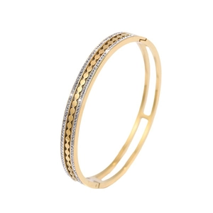 Luxurious gold double-layered titanium steel bangle with sparkling crystals and round motifs