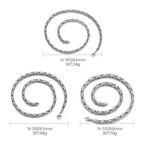 Size guide for men's stainless steel square link chain showing length and weight options