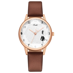 Women's quartz watch with brown leather strap and rose gold case featuring girl silhouette