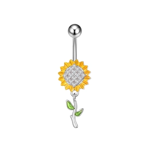 Close-up of silver sunflower navel ring with yellow petals and green enamel leaf detail