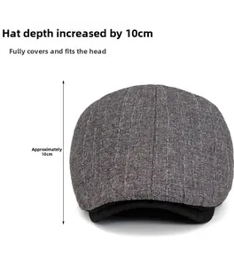 Detail showing the 10cm depth of the dark grey striped newsboy cap for men