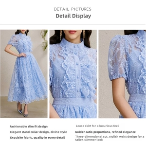 Detail of light blue floral lace dress with stand collar and puff sleeves