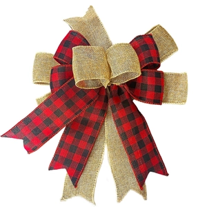 Christmas tree buffalo plaid and golden burlap bow ornament for rustic holiday decoration