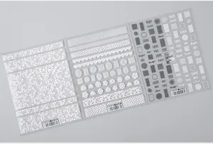 Detailed look at 5D nail art stickers with lace patterns and decorative typography