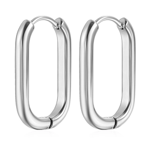 Minimalist silver oval hoop earrings in geometric U-shape stainless steel design