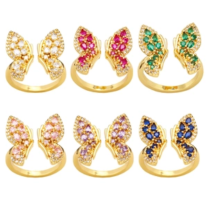 Vintage Overstated Butterfly Open Ring For Women Fashion Gold Plated Copper Colorful Rhinestone Inlaid Adjustable Finger Ring