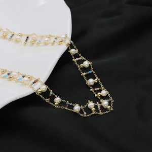 Double-layer gold chain necklace with natural freshwater pearls and colorful gemstones