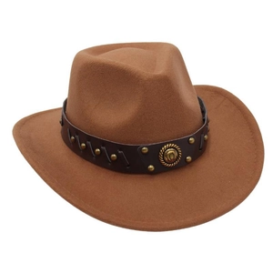 Detail of brown wool cowboy hat with leather band, studs, and brass horseshoe emblem