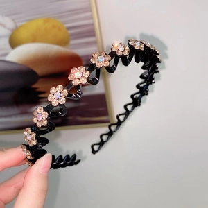 Sparkling rhinestone flower headband with wave-shaped non-slip teeth for women's hair styling