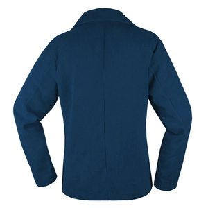 Rückansicht der dunkelblauen Cordjacke mit zweireihigem Knopf und Rippenstruktur
