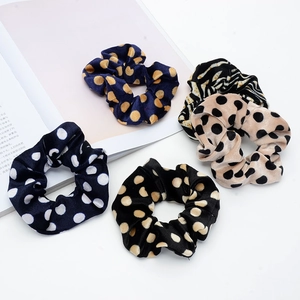 Set of 5 elastic velvet scrunchies with leopard zebra and polka dot patterns for women