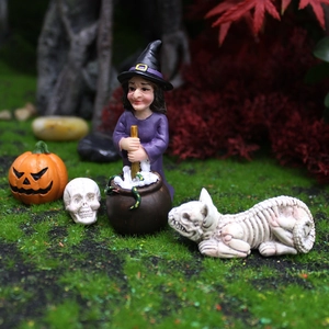 Miniatur Halloween Gartenstatuen Set mit Hexe, Kürbis und Skelett aus Harz Deko