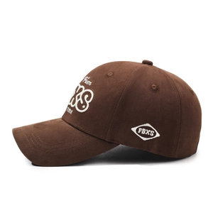 Dark brown suede baseball cap featuring 3D embroidered FBXS letters and hard top design