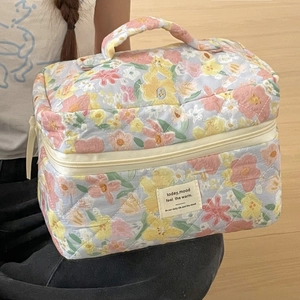 Detail of blue floral quilted makeup bag with handle and secure zipper closure