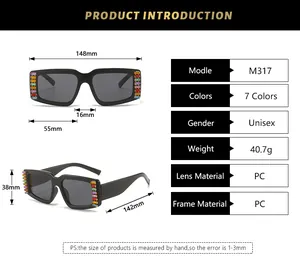 Detailed size guide and measurements for trendy square rhinestone sunglasses M317 model