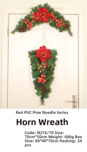 Detail of 70x50cm red Christmas ox horn wreath with pine needles and velvet flowers