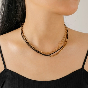 Minimalist Black Spinel Beaded Necklace Stainless Steel Gold Plated Multilayer Stackable Clavicle Chain Necklace For Women Men Jewelry