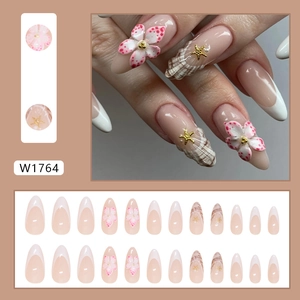 Mandel-Kunstnägel mit rosa Blumen, goldenen Seesternen und French Tips Set 24er