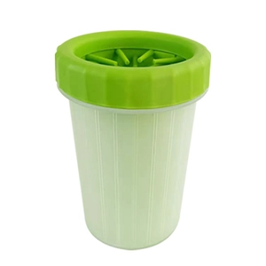 Portable pet paw cleaner cup with green silicone lid and translucent body for dogs and cats