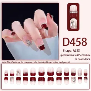Wine red gradient press-on nails with silver chain rhinestones and glitter D458