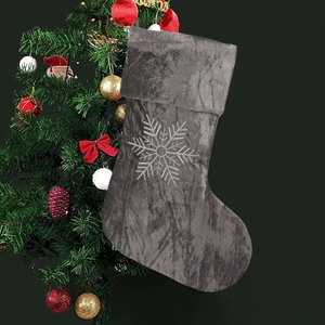 Nordic gray velvet Christmas stocking with white snowflake embroidery for festive home decor