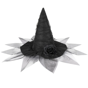 Baroque Halloween witch hat with black roses and grey star mesh veil for gothic cosplay