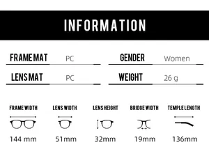 Detailed size chart for retro square sunglasses showing frame dimensions and PC material info
