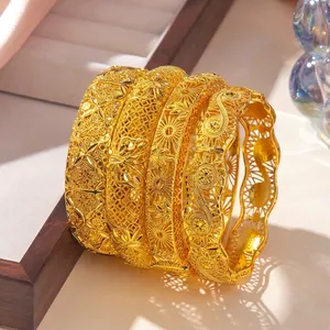 Retro Hollow Carved Gold Plated Copper Bracelet For Women African Ethnic Wedding Jewelry Bangle Sun Butterfly Pattern