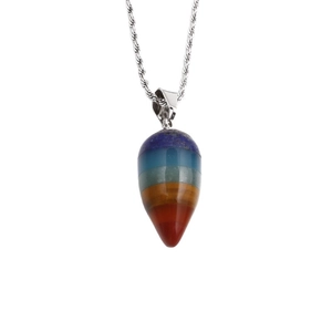 Water drop 7 chakra gemstone pendant necklace with silver twisted chain on white background