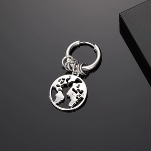 Retro stainless steel punk hoop earrings with world map globe cutout pendant