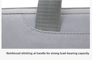 Close-up of reinforced stitching on the handle for durability of this gray laptop bag