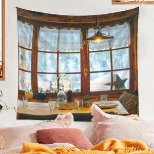 Detail of wall tapestry featuring vintage wooden window scene with cozy room decor