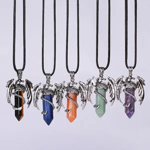 Colliers pendentifs en cristal hexagonal et dragon argenté avec pierres naturelles