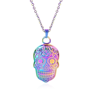 Macro detail of rainbow plated sugar skull pendant with floral engraving and O-chain