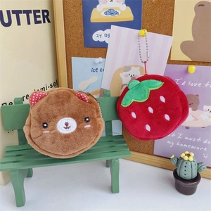 Mini plush 3D animal coin purse set with bear and strawberry keychain pendants