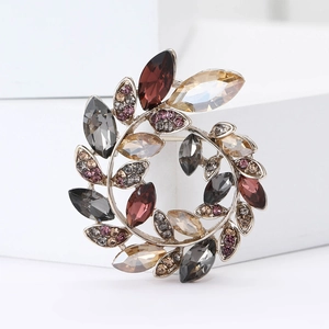 Elegant crystal olive branch wreath brooch with colorful rhinestones on silver metal base
