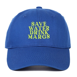 Close-up of Save Water Drink Margs embroidery on navy blue cotton baseball cap