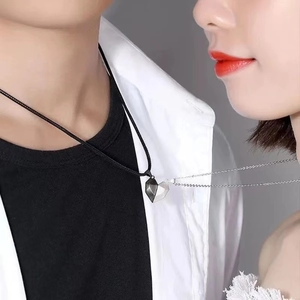 Magnetic heart couple necklaces with leather cord and silver chain for lovers