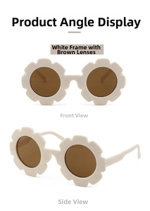 Detail view of flower-shaped kids sunglasses with white frames and brown lenses