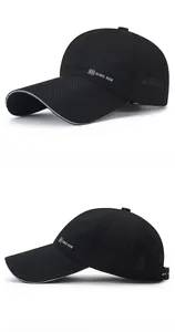 Close-up of lightweight black dry-fit baseball cap with reflective brim and DING HAN logo