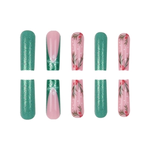 Christmas press-on nails with green glitter, snowflake patterns and holly berry designs