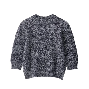 Kids long sleeve heathered navy knit sweater with ribbed cuffs and hem on white background